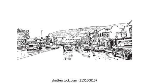 Construir vistas con monumentos de Moab es una ciudad en el este de Utah. Dibujo a mano de ilustración de esbozo en vector.