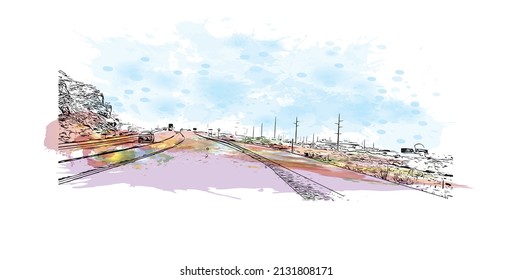 Building view with landmark of Moab is a city in eastern Utah. Watercolor splash with hand drawn sketch illustration in vector.