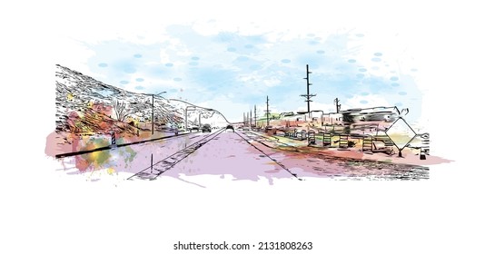 Construir vistas con monumentos de Moab es una ciudad en el este de Utah. Salto de color de agua con ilustración de esbozo dibujada a mano en vector.