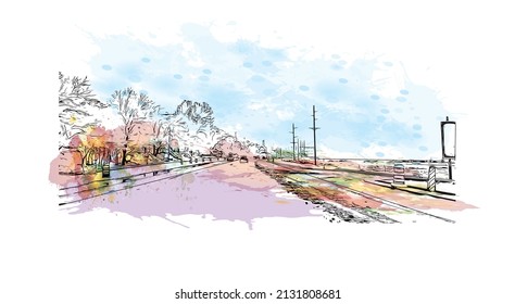 Construir vistas con monumentos de Moab es una ciudad en el este de Utah. Salto de color de agua con ilustración de esbozo dibujada a mano en vector.
