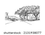 Building view with landmark of Mobile is the 
city in Alabama. Hand drawn sketch illustration  in vector.