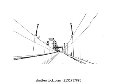Building view with landmark of Mobile is the 
city in Alabama. Hand drawn sketch illustration  in vector.