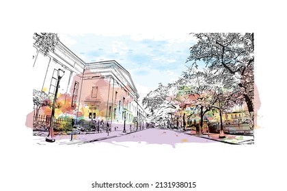 Building view with landmark of Mobile is the 
city in Alabama. Watercolor splash with hand drawn sketch illustration  in vector.