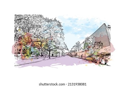Building view with landmark of Mobile is the 
city in Alabama. Watercolor splash with hand drawn sketch illustration  in vector.