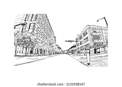 Building view with landmark of Mobile is the 
city in Alabama. Hand drawn sketch illustration  in vector.