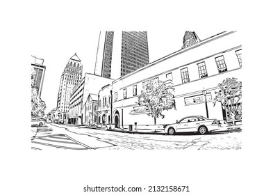 Building view with landmark of Mobile is the 
city in Alabama. Hand drawn sketch illustration  in vector.