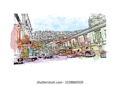 Building view with landmark of Modica is a city in Italy. Watercolor splash with hand drawn sketch illustration in vector.