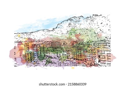 Building view with landmark of Modica is a city in Italy. Watercolor splash with hand drawn sketch illustration in vector.