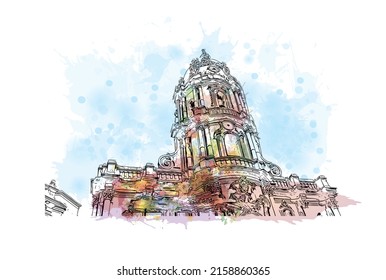 Building view with landmark of Modica is a city in Italy. Watercolor splash with hand drawn sketch illustration in vector.