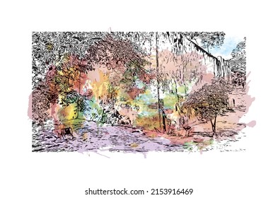 Building view with landmark of Mombasa is the city in Kenya. Watercolor splash with hand drawn sketch illustration in vector.