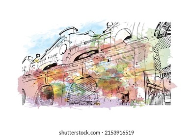 Building view with landmark of Mombasa is the city in Kenya. Watercolor splash with hand drawn sketch illustration in vector.