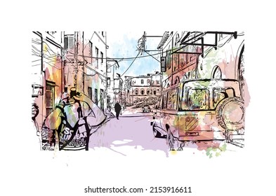 Building view with landmark of Mombasa is the city in Kenya. Watercolor splash with hand drawn sketch illustration in vector.