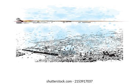 Building view with landmark of Mombasa is the city in Kenya. Watercolor splash with hand drawn sketch illustration in vector.