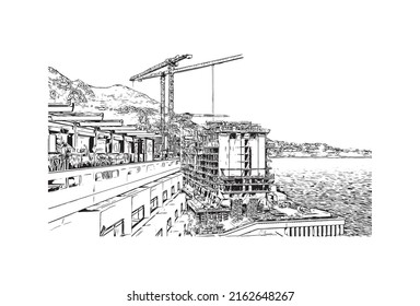 Building view with landmark of Monaco is the country in Europe. Hand drawn sketch illustration in vector. 