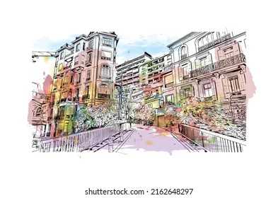 Building view with landmark of Monaco is the country in Europe. Watercolor splash with hand drawn sketch illustration in vector. 