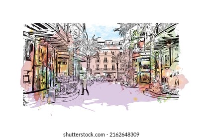 Building view with landmark of Monaco is the country in Europe. Watercolor splash with hand drawn sketch illustration in vector. 