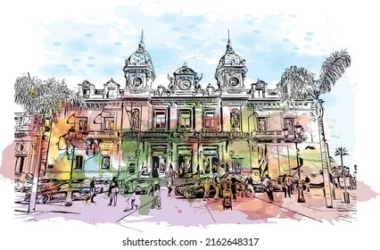 Building view with landmark of Monaco is the country in Europe. Watercolor splash with hand drawn sketch illustration in vector. 