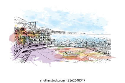 Building view with landmark of Monaco is the country in Europe. Watercolor splash with hand drawn sketch illustration in vector. 