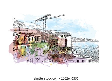 Building view with landmark of Monaco is the country in Europe. Watercolor splash with hand drawn sketch illustration in vector. 