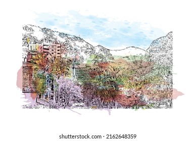 Building view with landmark of Monaco is the country in Europe. Watercolor splash with hand drawn sketch illustration in vector. 