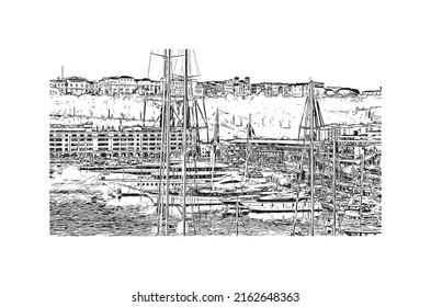 Building view with landmark of Monaco is the country in Europe. Hand drawn sketch illustration in vector. 