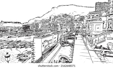 Building view with landmark of Monaco is the country in Europe. Hand drawn sketch illustration in vector. 