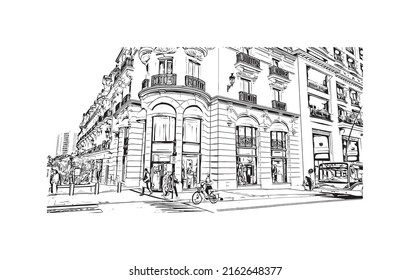 Building view with landmark of Monaco is the country in Europe. Hand drawn sketch illustration in vector. 