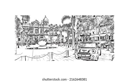 Building view with landmark of Monaco is the country in Europe. Hand drawn sketch illustration in vector. 