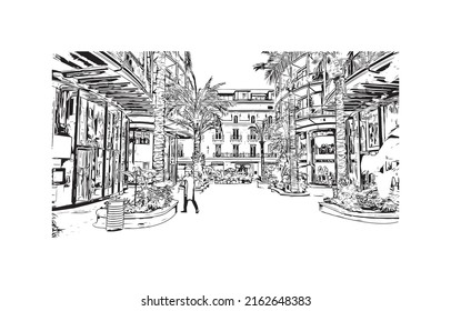 Building view with landmark of Monaco is the country in Europe. Hand drawn sketch illustration in vector. 