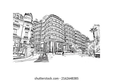 Building view with landmark of Monaco is the country in Europe. Hand drawn sketch illustration in vector. 