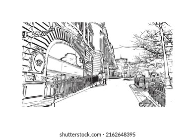 Building view with landmark of Monaco is the country in Europe. Hand drawn sketch illustration in vector. 