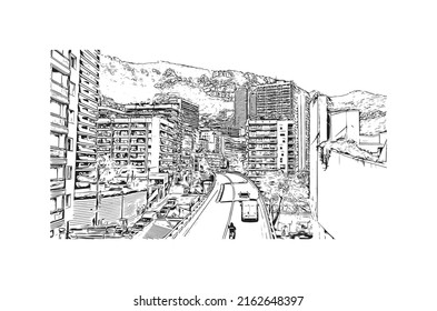 Building view with landmark of Monaco is the country in Europe. Hand drawn sketch illustration in vector. 