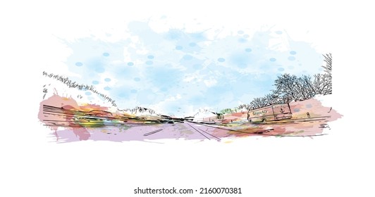 Building view with landmark of Monchengladbach is a city in west Germany. Watercolor splash with hand drawn sketch illustration in vector.