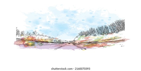 Building view with landmark of Monchengladbach is a city in west Germany. Watercolor splash with hand drawn sketch illustration in vector.
