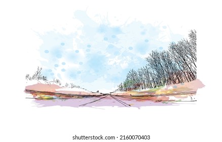 Building view with landmark of Monchengladbach is a city in west Germany. Watercolor splash with hand drawn sketch illustration in vector.