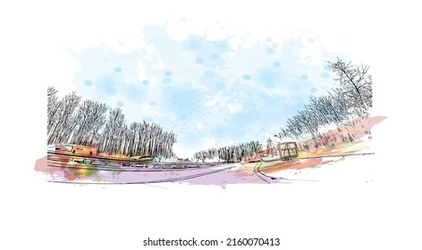 Building view with landmark of Monchengladbach is a city in west Germany. Watercolor splash with hand drawn sketch illustration in vector.