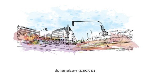 Building view with landmark of Monchengladbach is a city in west Germany. Watercolor splash with hand drawn sketch illustration in vector.