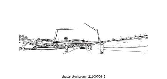 Building view with landmark of Monchengladbach is a city in west Germany. Hand drawn sketch illustration in vector.