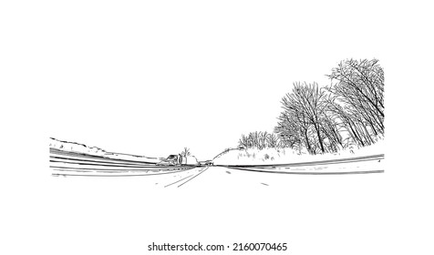 Building view with landmark of Monchengladbach is a city in west Germany. Hand drawn sketch illustration in vector.