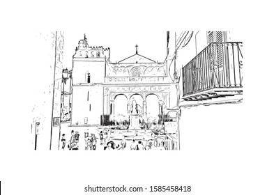Building view with landmark of Monreale is a town and comune in the Metropolitan City of Palermo, in Sicily, southern Italy. Hand drawn sketch illustration in vector.