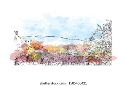Building view with landmark of Monreale is a town and comune in the Metropolitan City of Palermo, in Sicily, southern Italy. Watercolor splash with Hand drawn sketch illustration in vector.