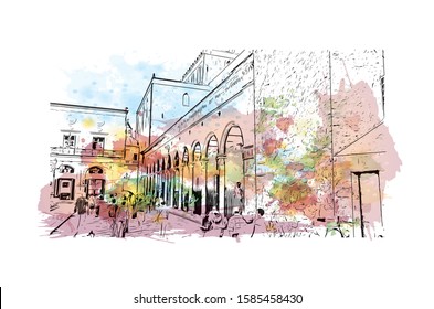 Building view with landmark of Monreale is a town and comune in the Metropolitan City of Palermo, in Sicily, southern Italy. Watercolor splash with Hand drawn sketch illustration in vector.