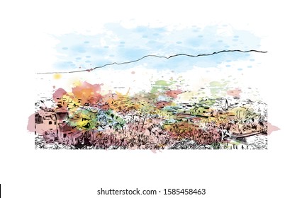 Building view with landmark of Monreale is a town and comune in the Metropolitan City of Palermo, in Sicily, southern Italy. Watercolor splash with Hand drawn sketch illustration in vector.