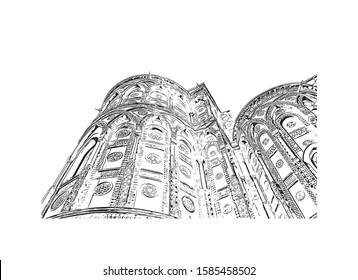 Building view with landmark of Monreale is a town and comune in the Metropolitan City of Palermo, in Sicily, southern Italy. Hand drawn sketch illustration in vector.