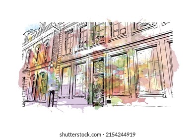 Building view with landmark of Mons is the capital in Belgium. Watercolor splash with hand drawn sketch illustration in vector.