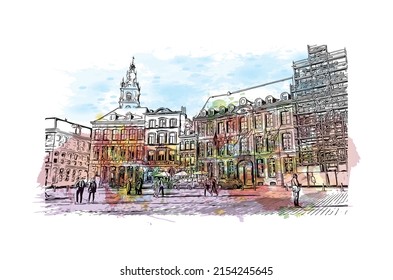 Building view with landmark of Mons is the capital in Belgium. Watercolor splash with hand drawn sketch illustration in vector.