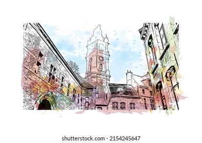 Building view with landmark of Mons is the capital in Belgium. Watercolor splash with hand drawn sketch illustration in vector.