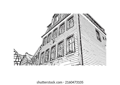 Building View With Landmark Of Monschau Is A Town In Western Germany. Hand Drawn Sketch Illustration In Vector.