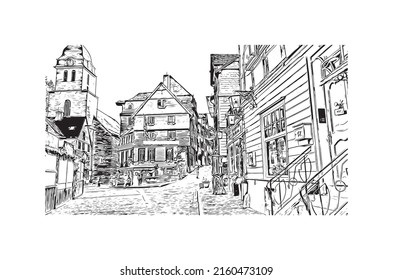 Building View With Landmark Of Monschau Is A Town In Western Germany. Hand Drawn Sketch Illustration In Vector.