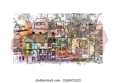 Building view with landmark of Monschau is a town in western Germany. Watercolor splash with hand drawn sketch illustration in vector.